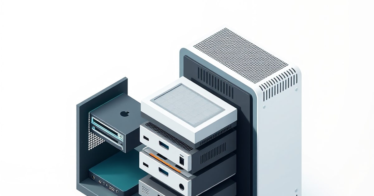 Isometric mini PC interior displaying NVMe SSD, SATA drive, and USB storage connectivity options